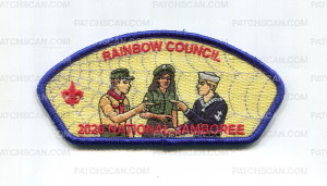 Patch Scan of Rainbow Council 2026 NJ three Scouts pointing JSP blue border