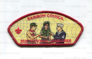 Patch Scan of Rainbow Council 2026 NJ three Scouts pointing JSP red border