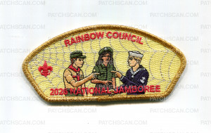 Patch Scan of Rainbow Council 2026 NJ three Scouts pointing JSP gold met border